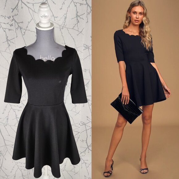 Lulu's Black Stretch Knit Scallop Neck Skater Dress - Picture 1 of 4